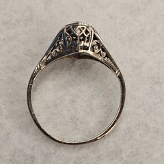 Antique Belais 18K White Gold Art Deco Ring Elongated Old Mine Cut Diamond