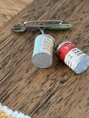 Vintage Vitamin Canned Goods Charm Can Opener Brooch Pin 1950s