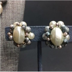 Necklace Clip On Earrings Grey Gray Vintage Triple Strand Silver Gold Push Clasp