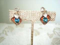Vintage Sterling Silver Leaf Hinged Clip Earrings Gold Wash Blue Rhinestones KJ