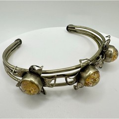 1940s vintage silver alloy floral art glass cabochons adjustable cuff bracelet