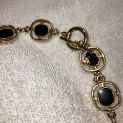 Vintage 80s 32in Heavy Gold Tone Square Link Necklace Black Enamel Toggle Clasp