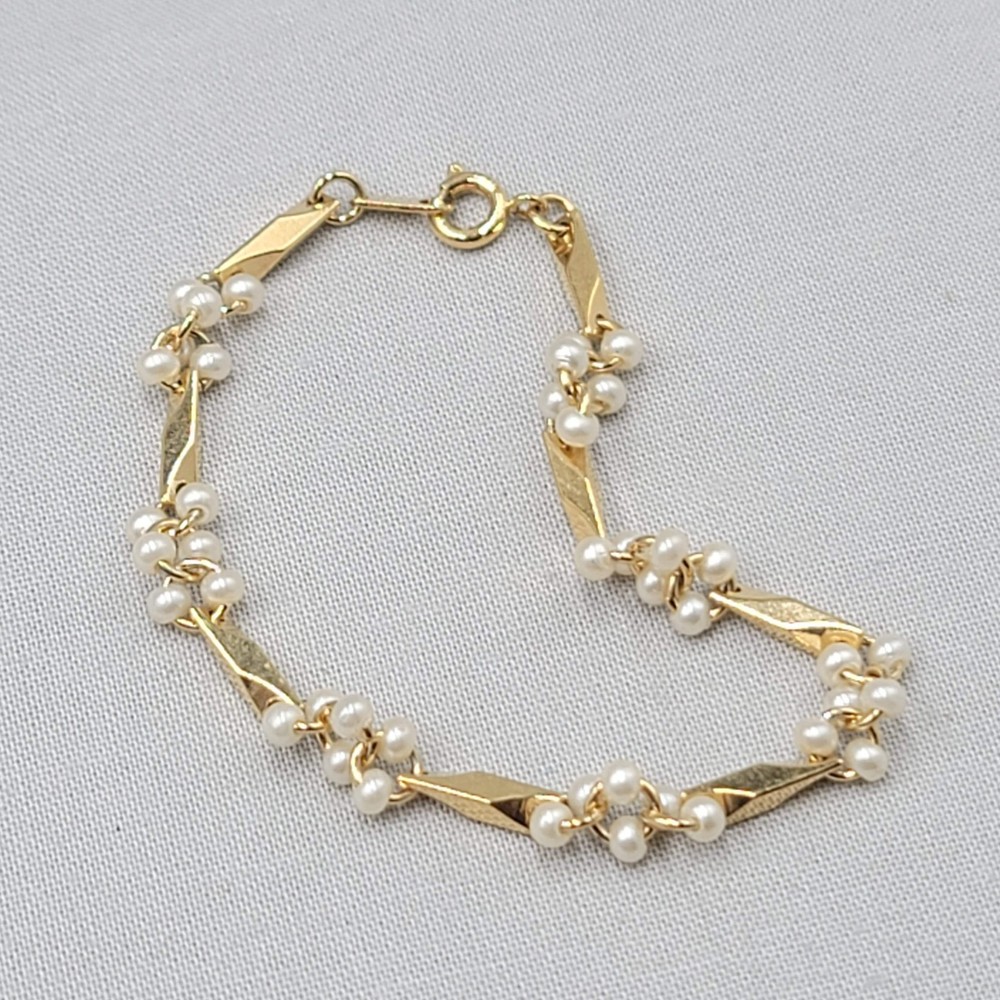Vintage Faux Pearl Bar Link Chain Tennis Bracelet Gold tone 6.25″