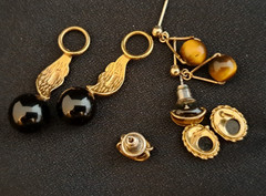 Vintage Tiger’s Eye and Onyx Black Glass Post Earrings & Earring Dangles Lot