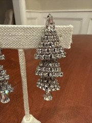 Vtg WEISS Couture Clear Rhinestone Chandelier Dangle Tear Drop Clip On Earrings
