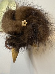 Mink Fur Flower Brooch Pin Faux Pearl Gold Leaf Accent Mid-Century Vintage Box