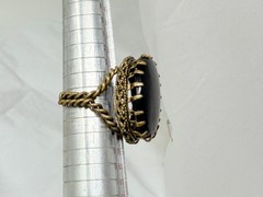 Vintage Brass Signed West Germany Black Glass 1″ Oval Inset Costume Ring