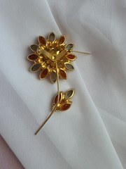 1960s Flower Brooch Green Orange Amber Navettes And Black Rhinestones Pin