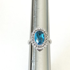 Ladies Light Blue & Clear CZ Halo Bezel Set White Gold Plated Ring Size 8