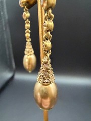 Vtg Champagne Faux Pearl Rhinestone Gold Tone Dangle Drop Pierced Earrings Glam