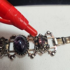 Vintage Purple Cabochon Ornate Link Bracelet Silver Tone Victorian Style 6.25 in