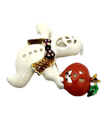 Vintage Halloween Ghost Brooch Enamel Pumpkin Jack O Lantern Statement Pin 2×2″