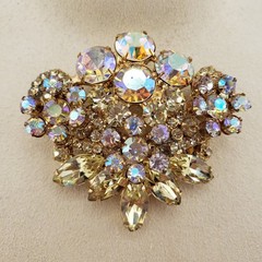 Vintage Rhinestone Brooch Aurora Borealis Yellow Marquise Gold Tone Fan Shape