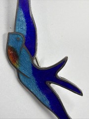 Antique Sterling Silver 925 Blue Enamel Swallow Bird Brooch Pin Art Nouveau 2.4”