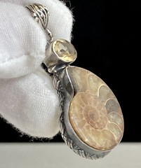 Ammonite Fossil Gemstone Bezel Set 1.75” Pendant 925 Sterling Silver 9.45g Vtg.