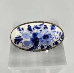 Oval Vintage Delft Brooch with Floral Design 1.5 in x .75 in Blue on White
