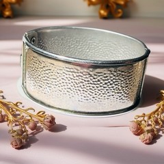 Vintage Hammered Silvertone Wide Hinged Bracelet – 7” -Modernist Cuff 1.25” Wide