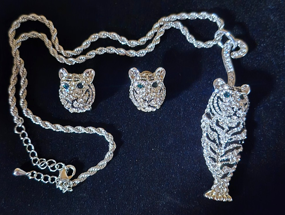 JTV Off Park Collection Crystal Tiger Pendant Necklace & Stud Earrings Set
