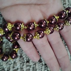 Vintage Burgundy Faux Pearl Beaded Necklace Gold Tone Spacer Beads Lobster Clasp