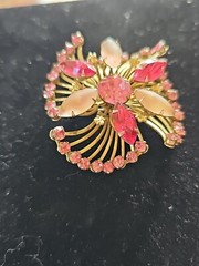 Vintage Prong Set Rhinestone Brooch Pin Pink Opalescent Cabochon Layered