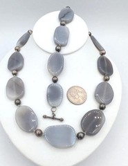 Vintage Gemstone Necklace Bracelet Set Sterling Chunky Silver Gray Agate Toggle