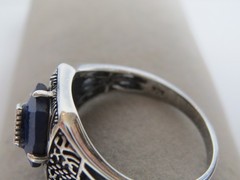 Antique Carved LAPIS LAZULI & Sterling Silver RING Size 9.5, 13mm Wide Filigree