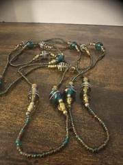 Vintage 56″ Teal & Amber Art Glass Lampwork Bead Long Strand Flapper Necklace