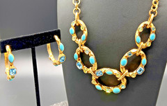 RJ Graziano Vintage Turquoise Blue Topaz Crystal Gold Tone Necklace Hoop Earring