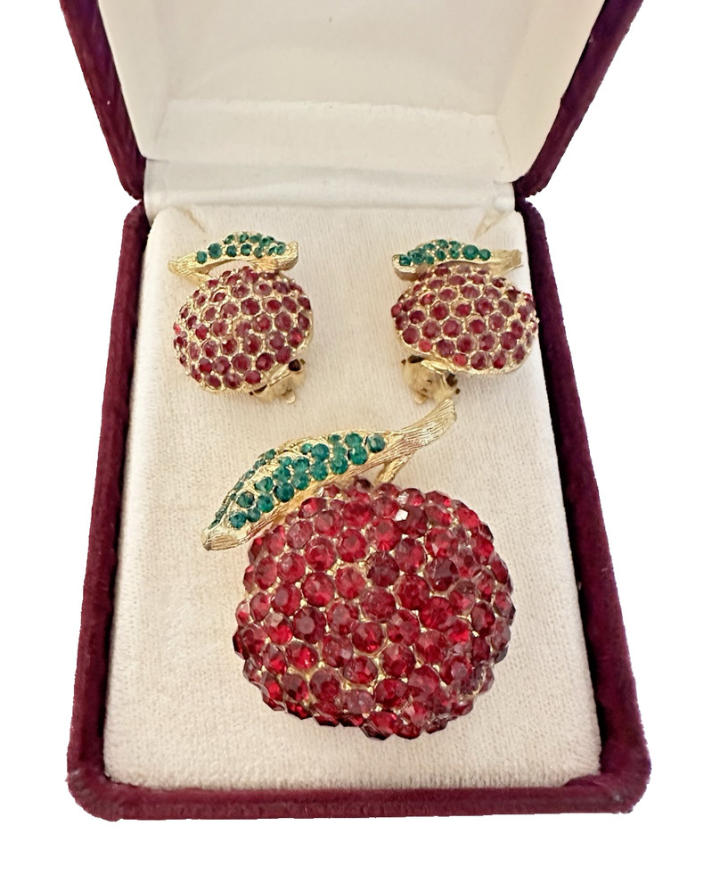 Rare Vintage LA ROCO Gold Tone Red Green Rhinestone Cherry Brooch & Earring Set