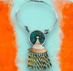 Kinetic Mexican Mid-Century Modernist Necklace Mixed Metals w/ Stone Inlay
