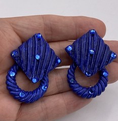 Jeff Lieb Signed Blue Rhinestones Clip On Earrings Squares W/ Detachable Circles