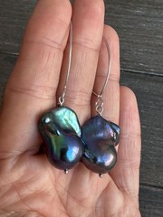 Black Baroque Pearl Earrings, Iridescent Peacock Color, Sterling Silver