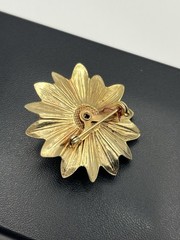Gold tone blue rhinestone faux pearl flower brooch pin vintage