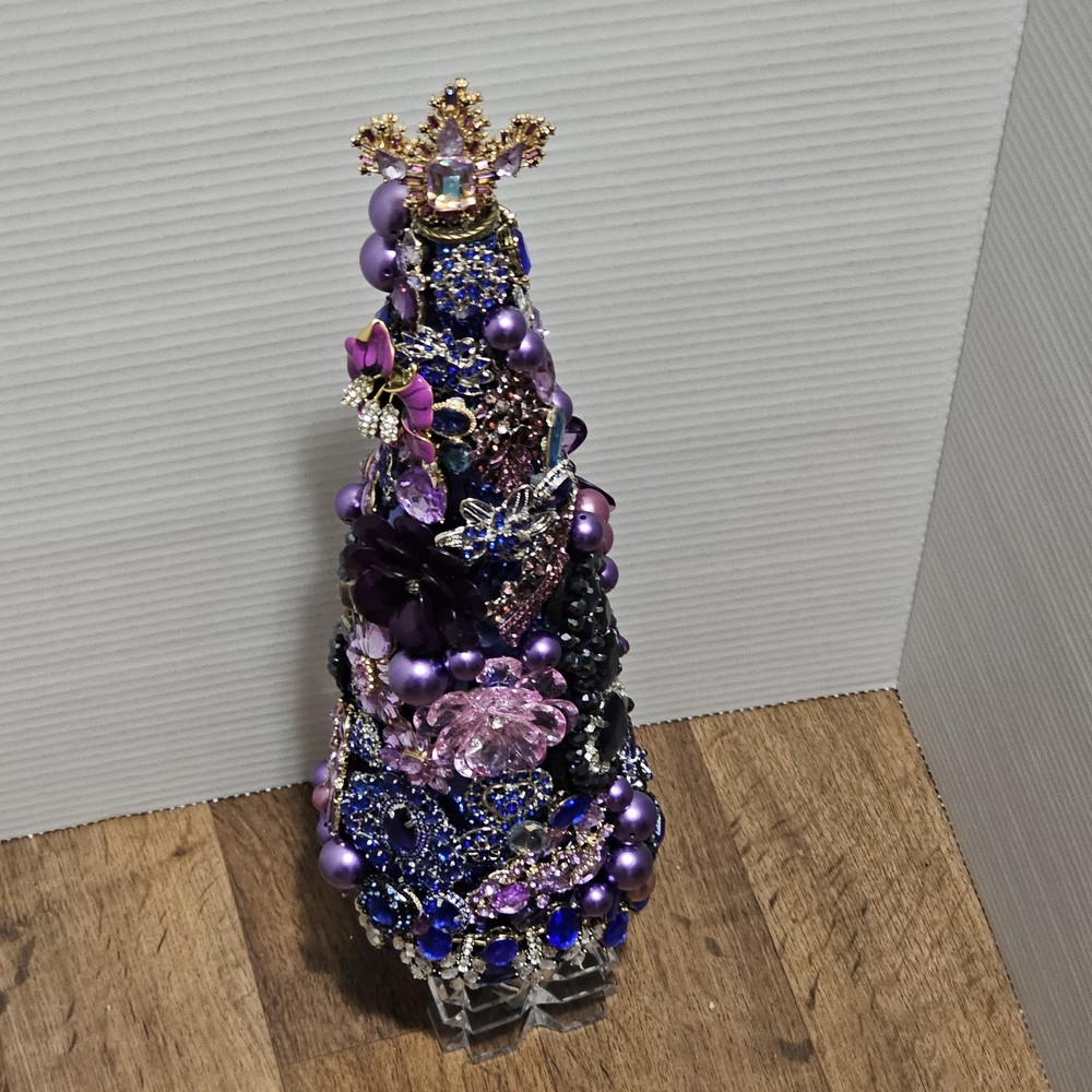 Handmade Jeweled Christmas Tree 16″ Vintage Style Rhinestones Pearl Purple Blue