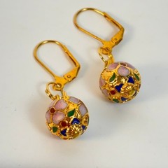 Vintage Cloisonne Dangle Earrings Gold Floral Enamel Glass Bead Boho Chic