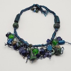 Eclectic Artsy Artisan Braided Cotton Mixed Material Beaded Vintage Necklace