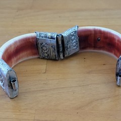 Antique German Boar Tusk Hunting Scene Pull Pin Cuff Bangle Bracelet
