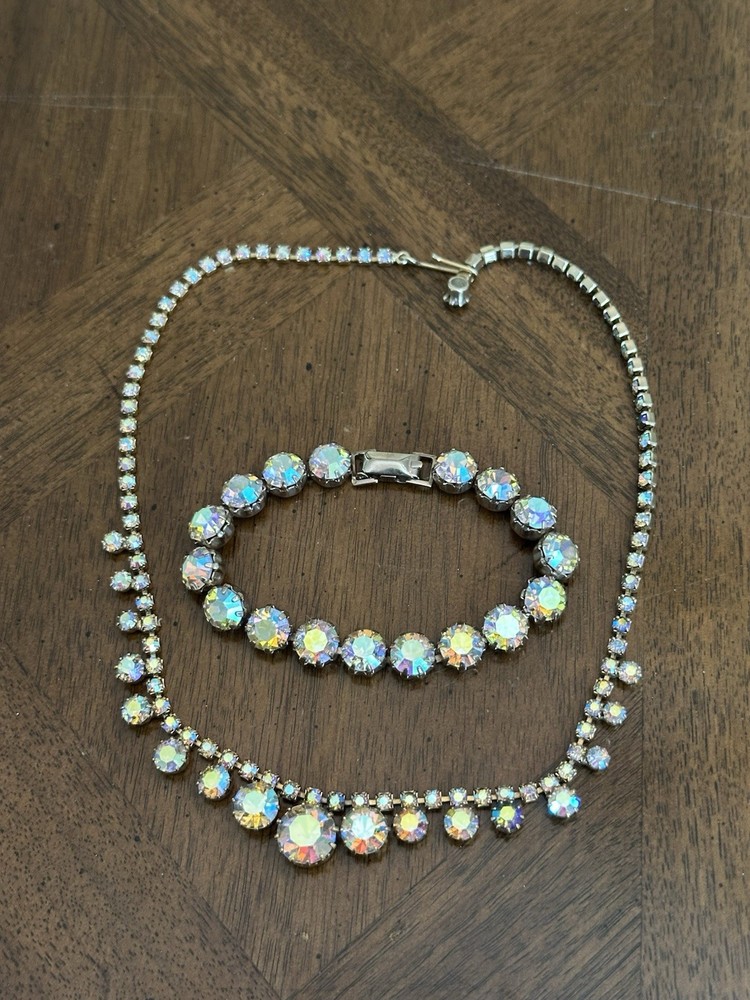 Vintage Weiss Clear Aurora Borealis Rhinestone Bracelet & Necklace Set Nice!