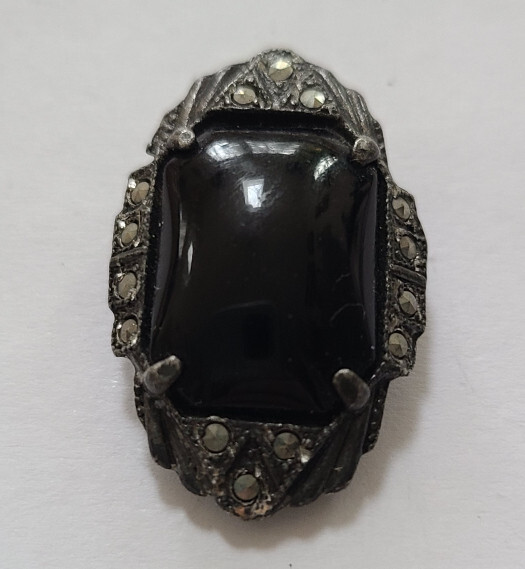 Art Deco Black Onyx and Marcasite Dress Clip – 1-1/8 inches long – M
