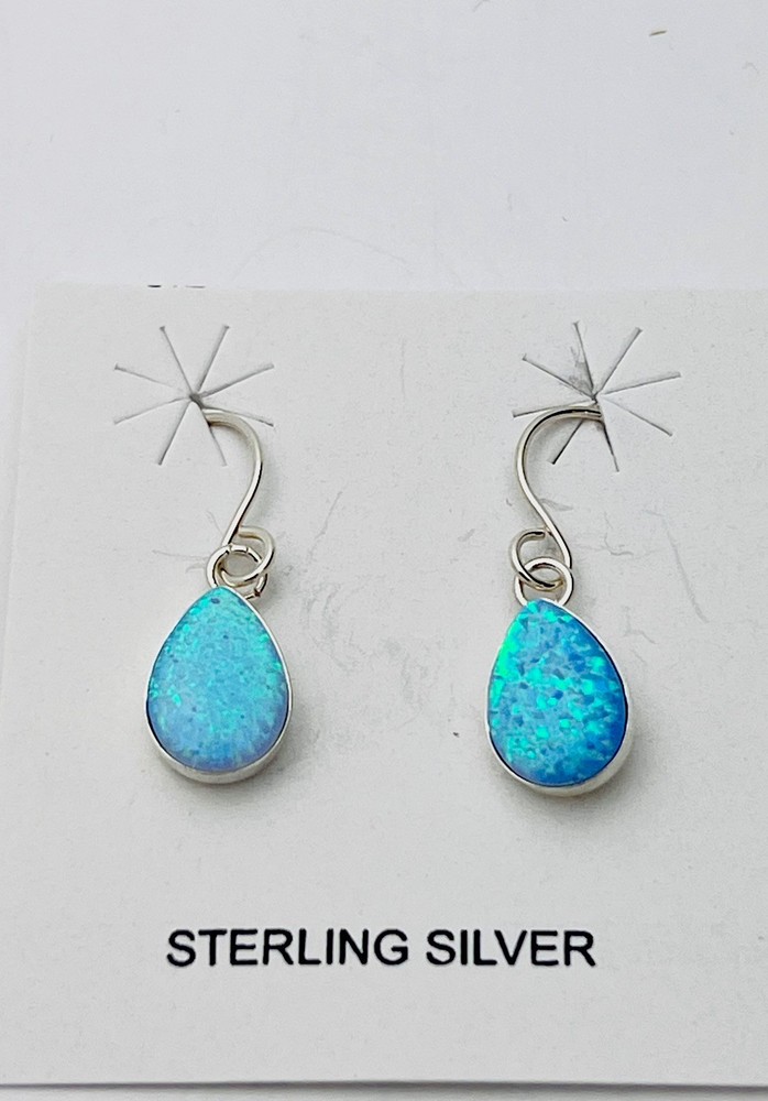 925 Sterling Silver Lab Created Pear Blue Opal Fishwire Pierced Earring