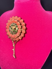 Florenza Brooch Pin Missing One Coral and One Green Rhinestone Vintage Jewelry