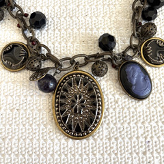 Vtg. Victorian Style Necklace Star Pendant Cameo Charms Black Glass Beads Brass