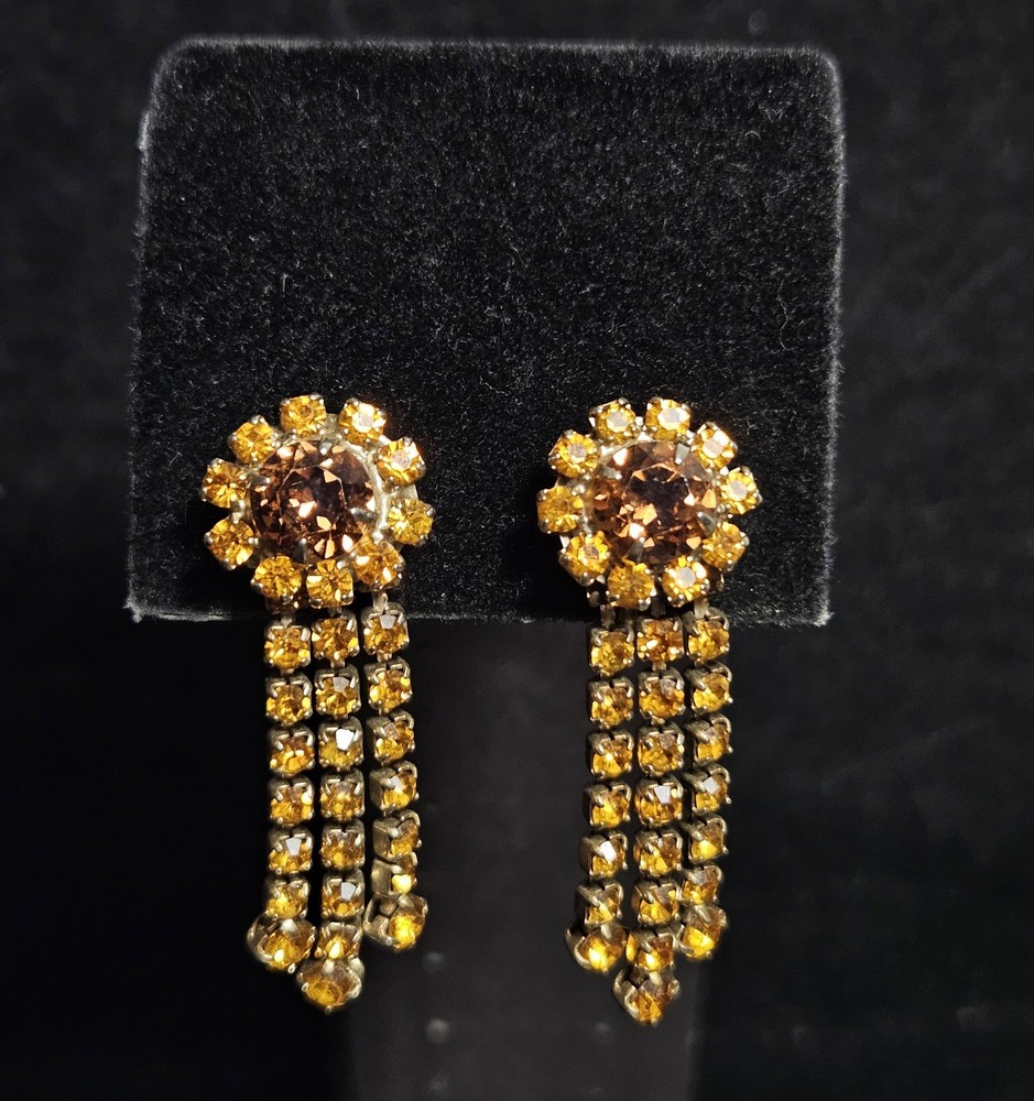 Vintage Chandelier Screw back Earrings Amber & Brown Apricot hues Gold Tone 45mm