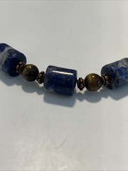 Lapis Lazuli & Tigers Eye Gems Necklace 20” Pierced Earrings 1 3/4” By 1/4”