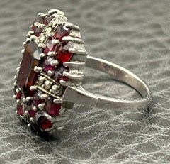 Vintage Art Deco Era Bohemian Garnet Marcasite Sterling Silver Ring Size 5.5
