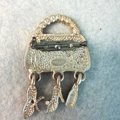 AJMC Glamorous Grandma Purse Brooch Rhinestone Dangle Charm Pin VTG