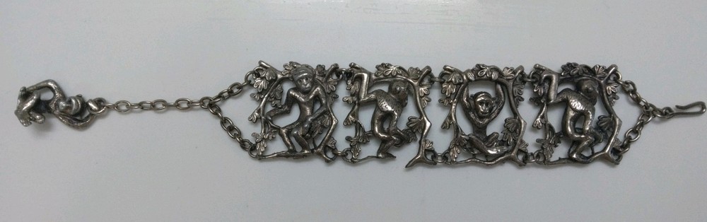 Unique Antique Silver Monkey Bracelet Art Deco Art Nouveau Style
