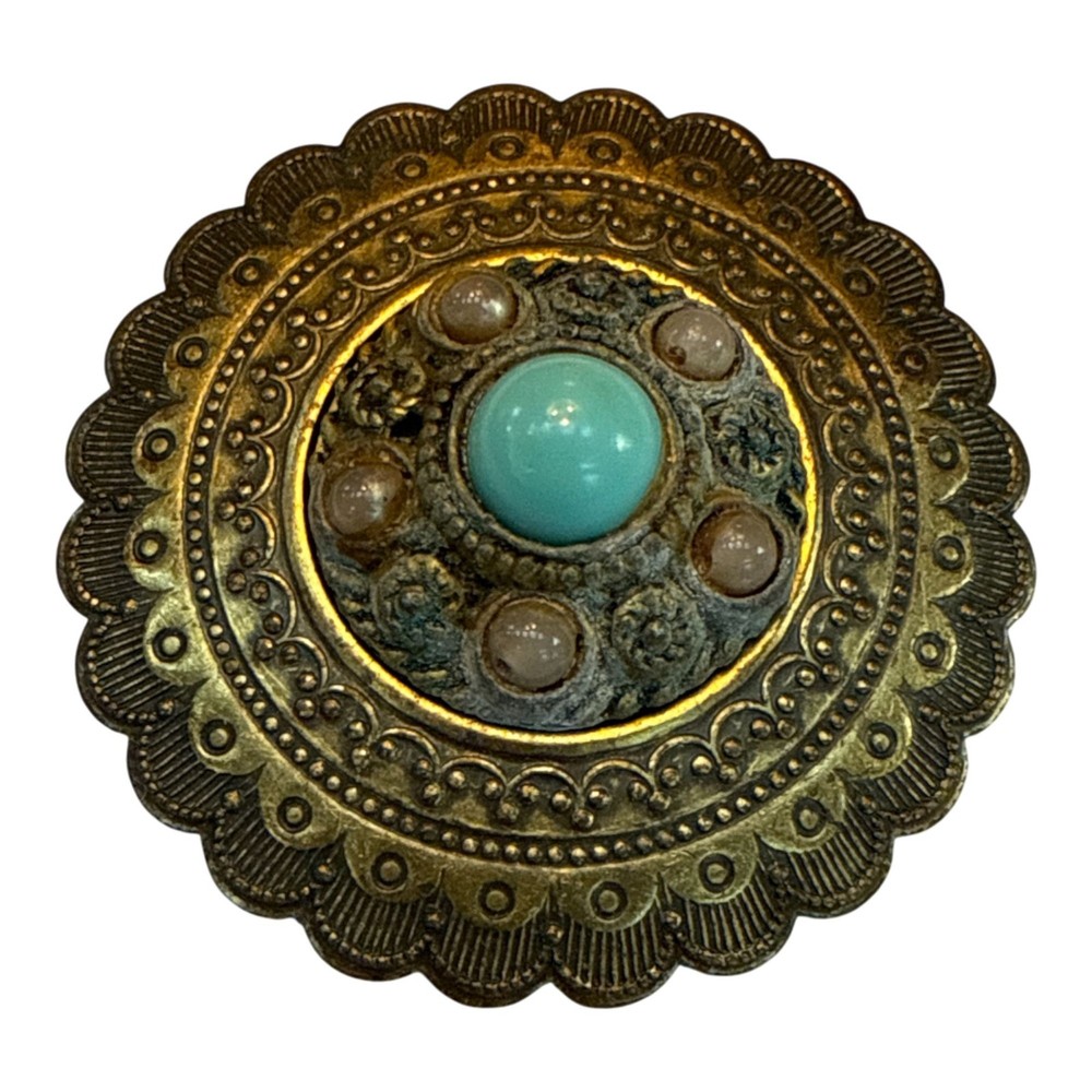 Czech 1950s Brass Brooch Faux Turquoise Cabochon Vintage Filigree Costume Jewel