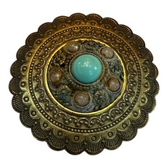 Czech 1950s Brass Brooch Faux Turquoise Cabochon Vintage Filigree Costume Jewel