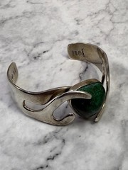 Vintage Estate Old Taxco Mexican Sterling Silver Malachite Signed Cuff Bracelet